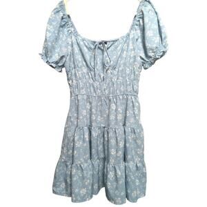 Coquette peasant tiered dress blue floral flutter puff sleeve Women's Sz M